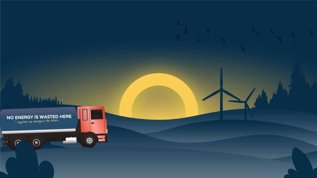 Illustration of a road to ESG compliance. The image features a sunset over rolling hills with wind turbines in the background, symbolizing sustainability. A red and black truck with the message "NO ENERGY IS WASTED HERE – together we energize the future" is driving along the road. Birds are flying in the sky, and a green road sign reads "FIRST STOP: What and Why?" The scene represents the journey toward ESG (Environmental, Social, and Governance) compliance.